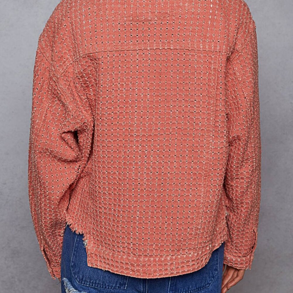 NWOT POL Pink Vintage Washed Textured Woven Twill Jacket Raw Edge Size Small - Picture 5 of 5